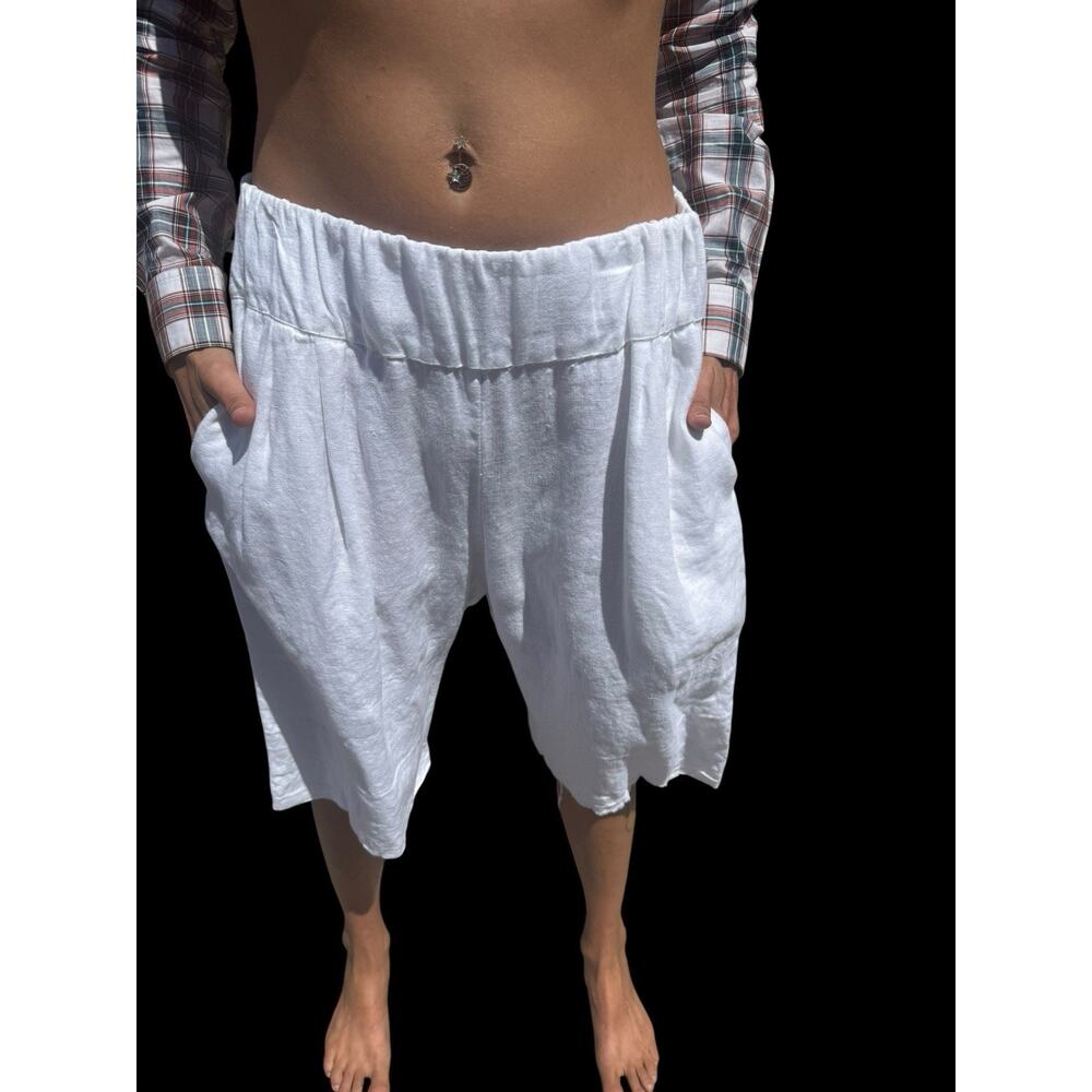 Sand Snow White Linen Blend Elastic Waist Resort Bermuda Shorts Unfinished Hem